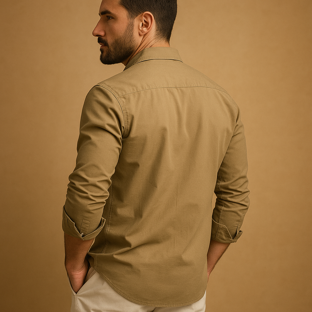 Men’s classic button-up shirt with collar and chest pocket, available in multiple colors, perfect for formal or casual occasions.