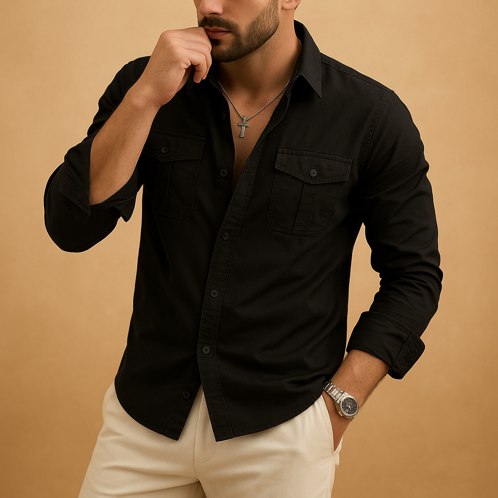 Men’s classic button-up shirt with collar and chest pocket, available in multiple colors, perfect for formal or casual occasions.