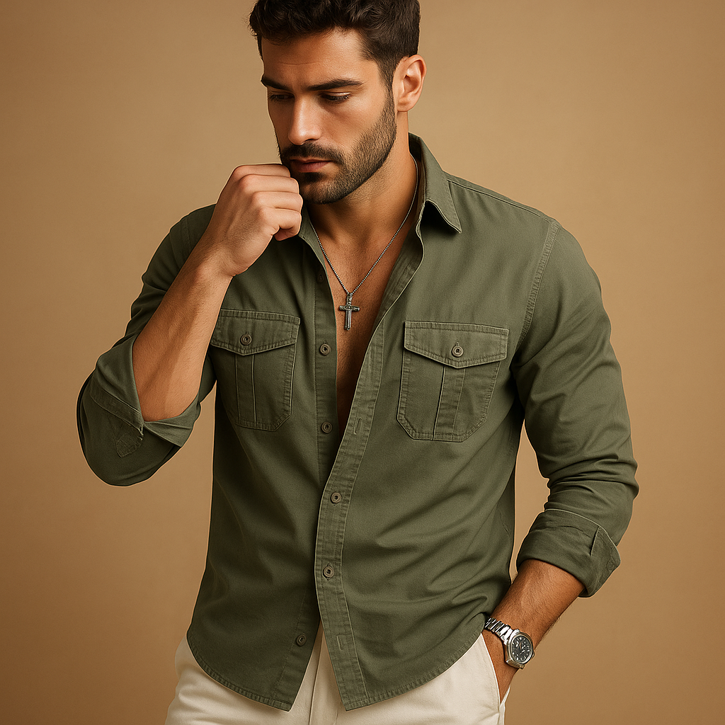 Men’s classic button-up shirt with collar and chest pocket, available in multiple colors, perfect for formal or casual occasions.