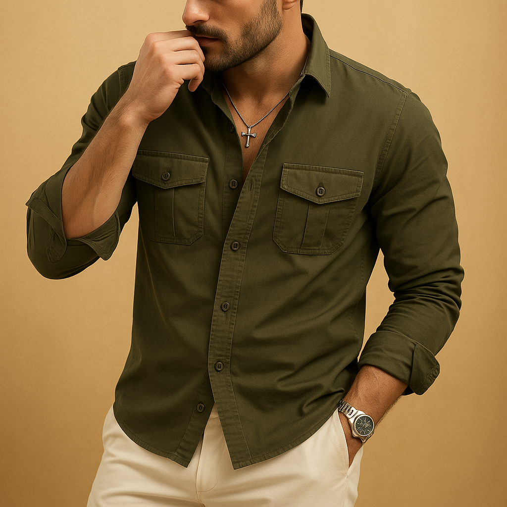 Men’s classic button-up shirt with collar and chest pocket, available in multiple colors, perfect for formal or casual occasions.