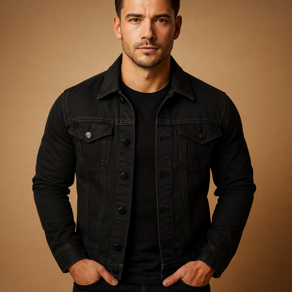 Men’s classic denim jacket with button closure and pockets, durable, stylish, and perfect for casual or summer wear.