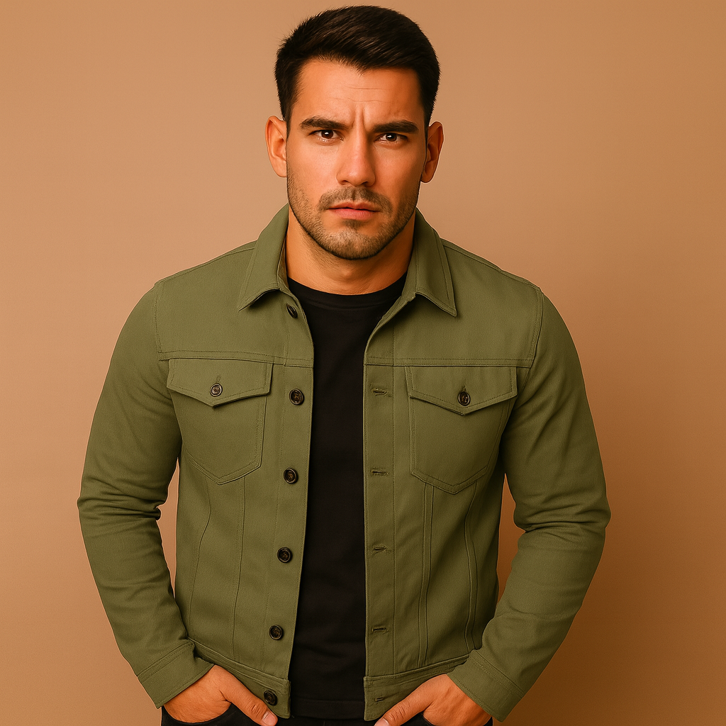 Men’s classic denim jacket with button closure and pockets, durable, stylish, and perfect for casual or summer wear.