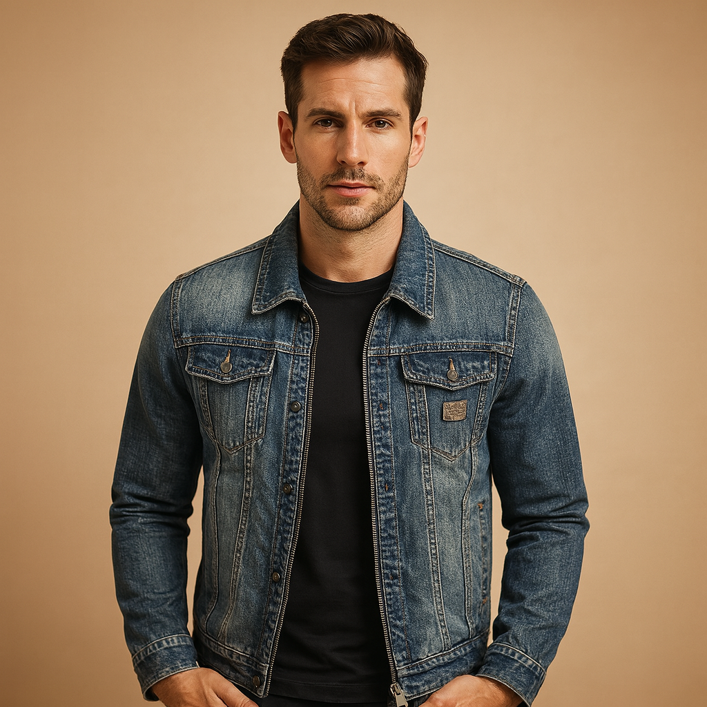 Men’s classic denim jacket in blue with button closure and front pockets, ideal for everyday and casual wear.