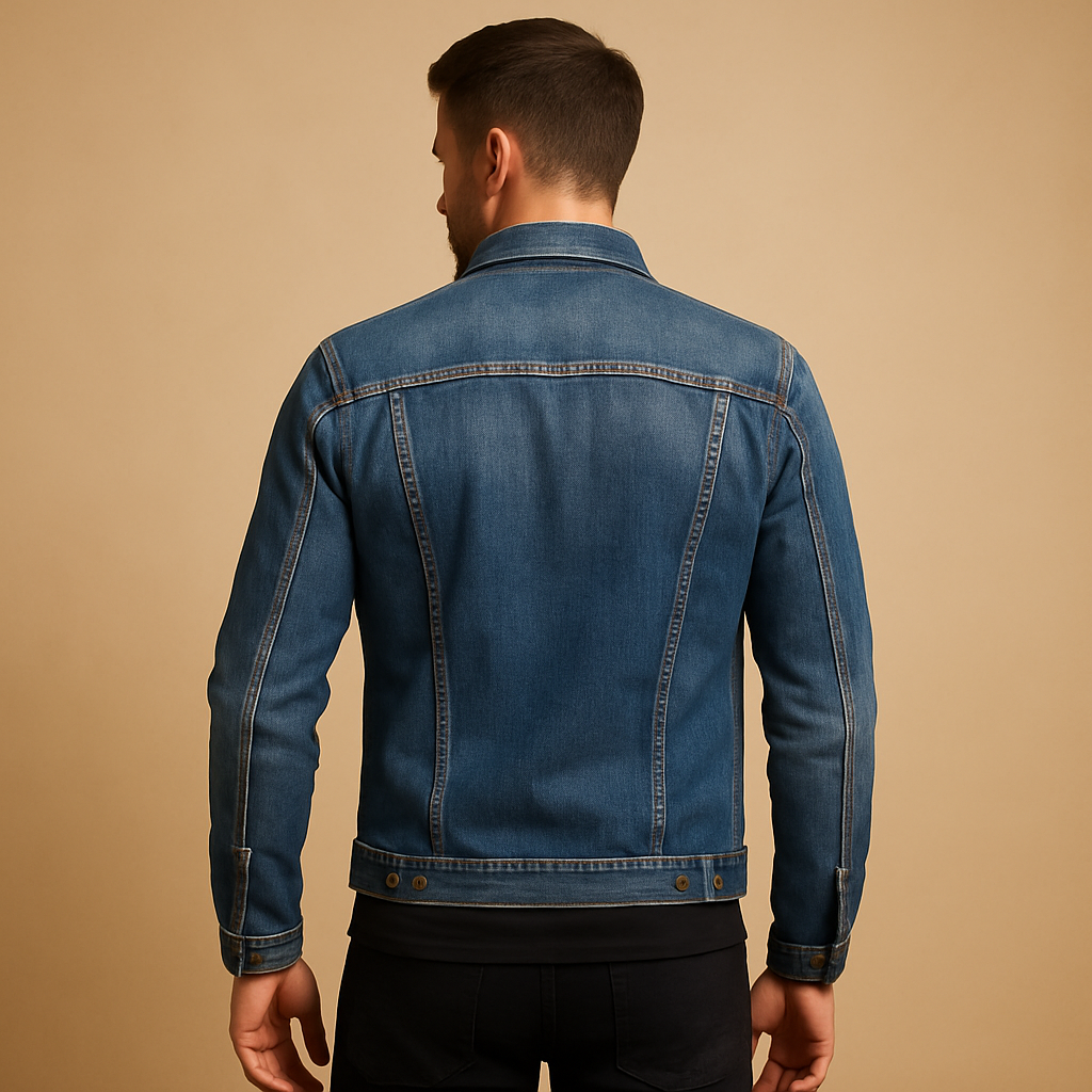 Men’s classic denim jacket in blue with button closure and front pockets, ideal for everyday and casual wear.