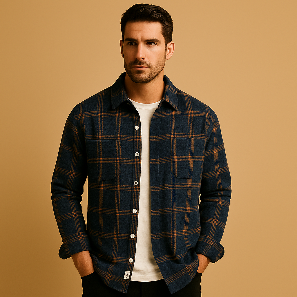Men’s classic plaid long sleeve shirt with turn-down collar and button closure, ideal for casual outings and everyday wear.