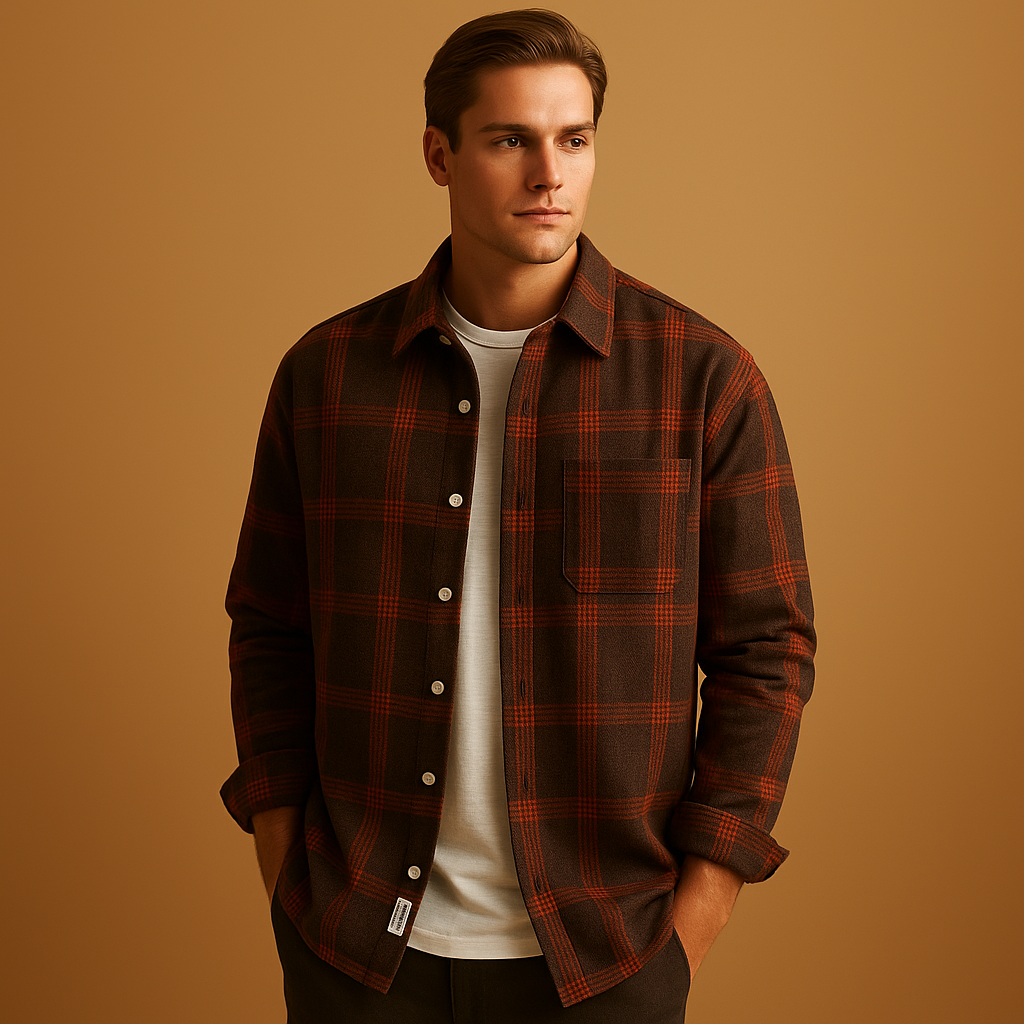 Men’s classic plaid long sleeve shirt with turn-down collar and button closure, ideal for casual outings and everyday wear.