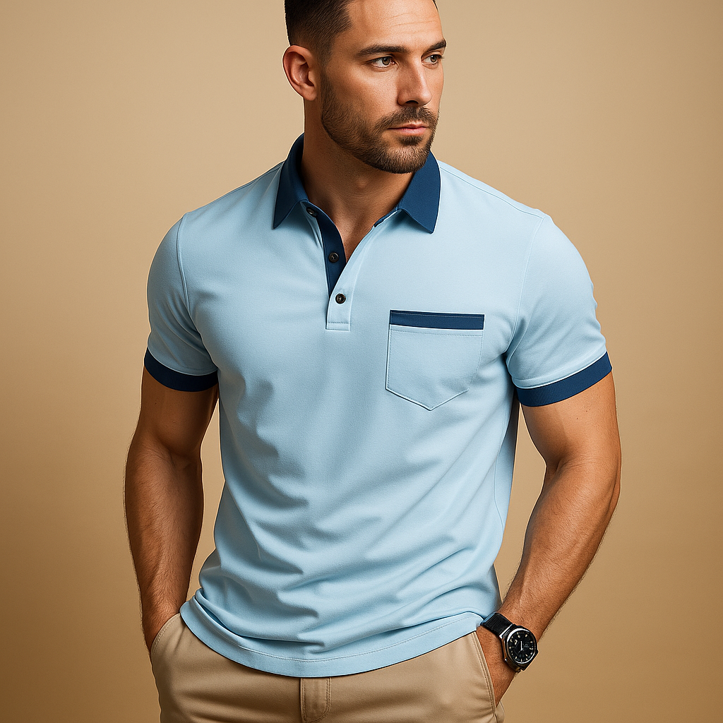 Men’s classic polo shirt with short sleeves and button collar, available in six colors for a stylish casual or formal look.
