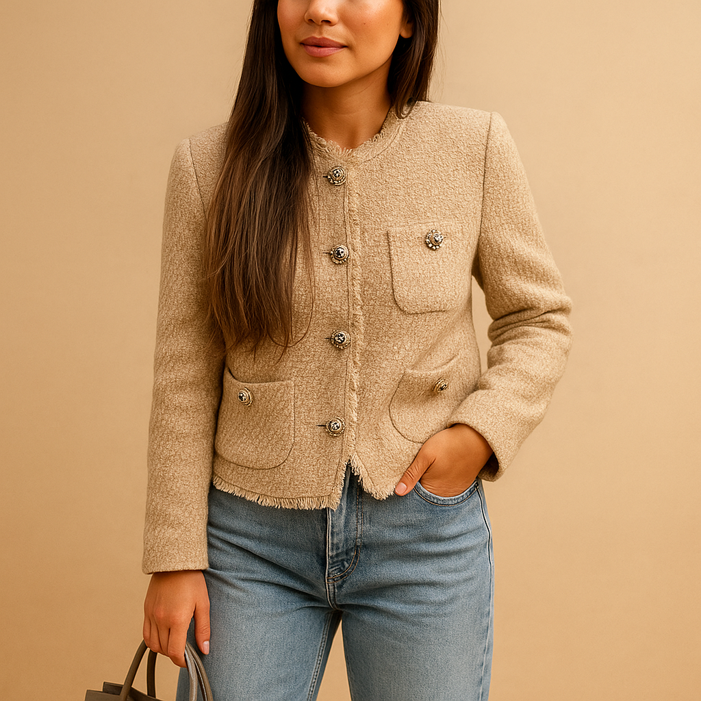 Women’s classic tweed blazer with structured fit, textured fabric and button closure, ideal for business or casual chic styling.