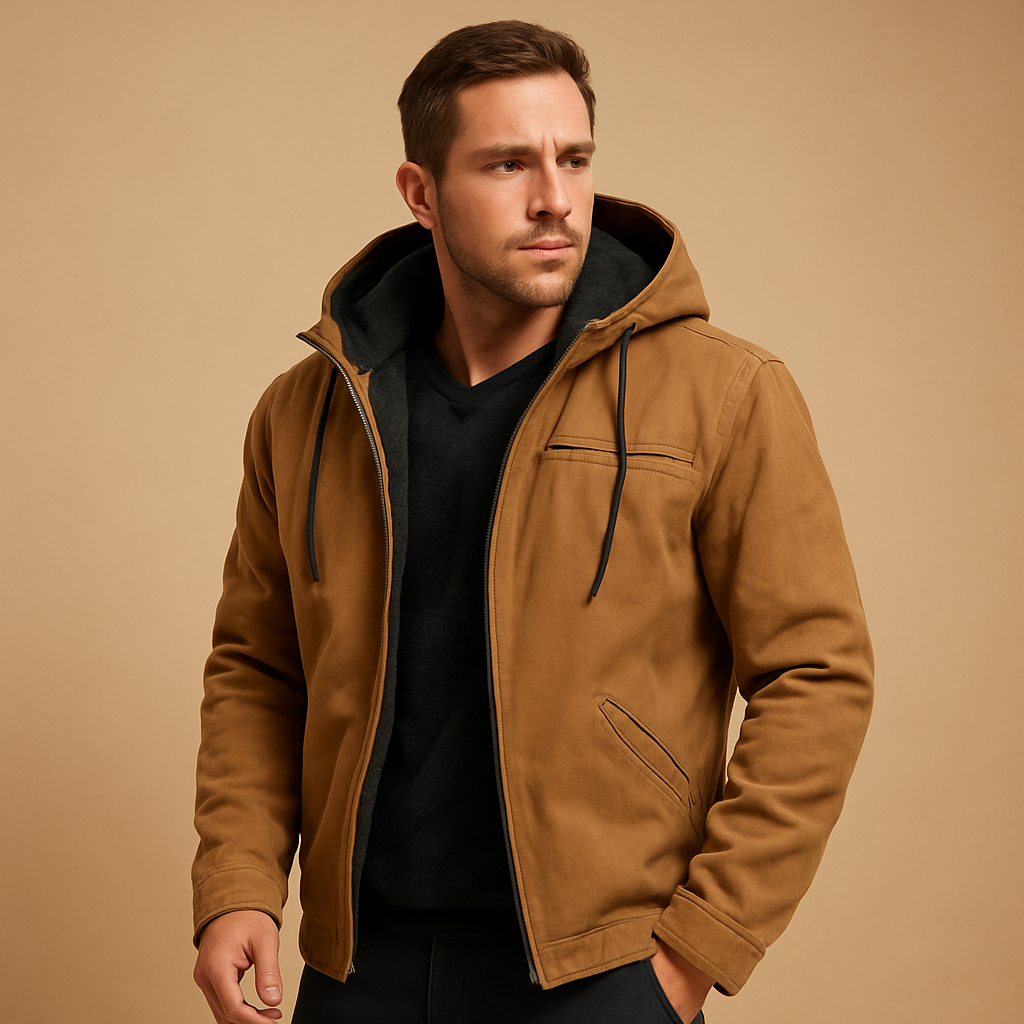 Men’s classic winter jacket with hood and soft inner lining, ideal for cold days and outdoor wear.