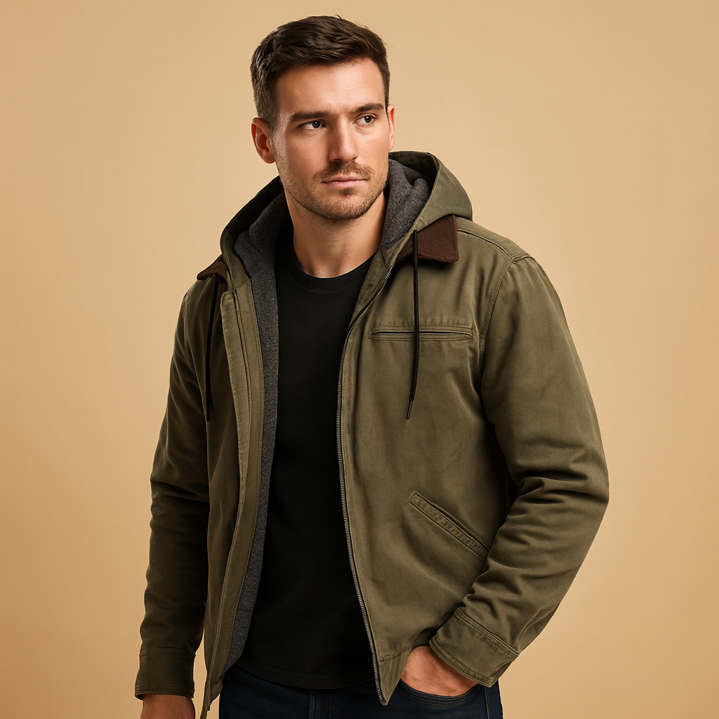 Men’s classic winter jacket with hood and soft inner lining, ideal for cold days and outdoor wear.