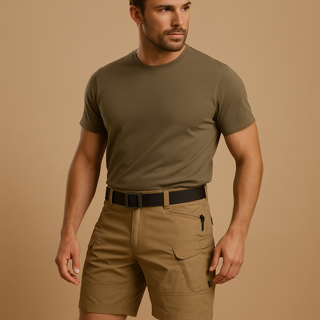Men wearing Aiden comfortable cargo shorts with multiple spacious pockets, breathable cotton-blend design perfect for outdoor and casual wear.