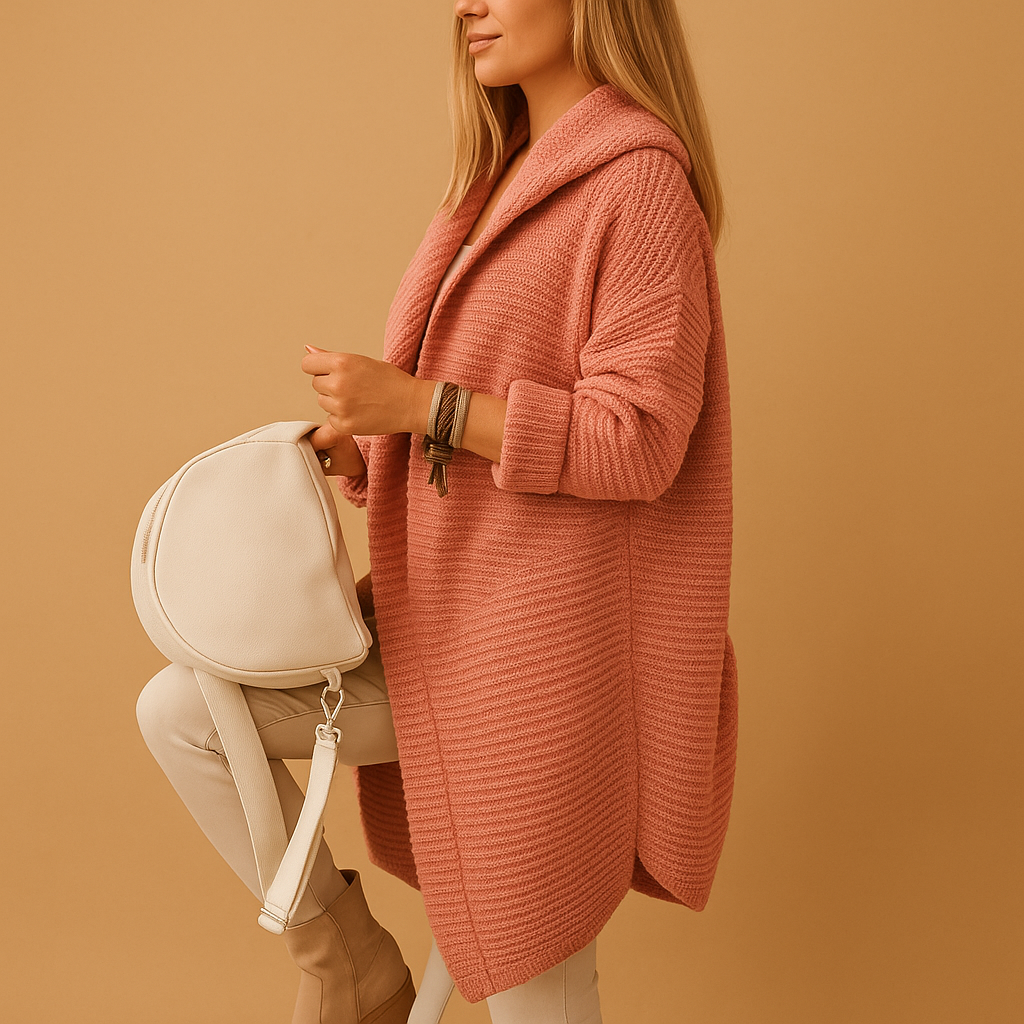 Comfortable women’s open cardigan with a lightly oversized fit and soft, airy feel, perfect for layering over dresses and casual outfits.