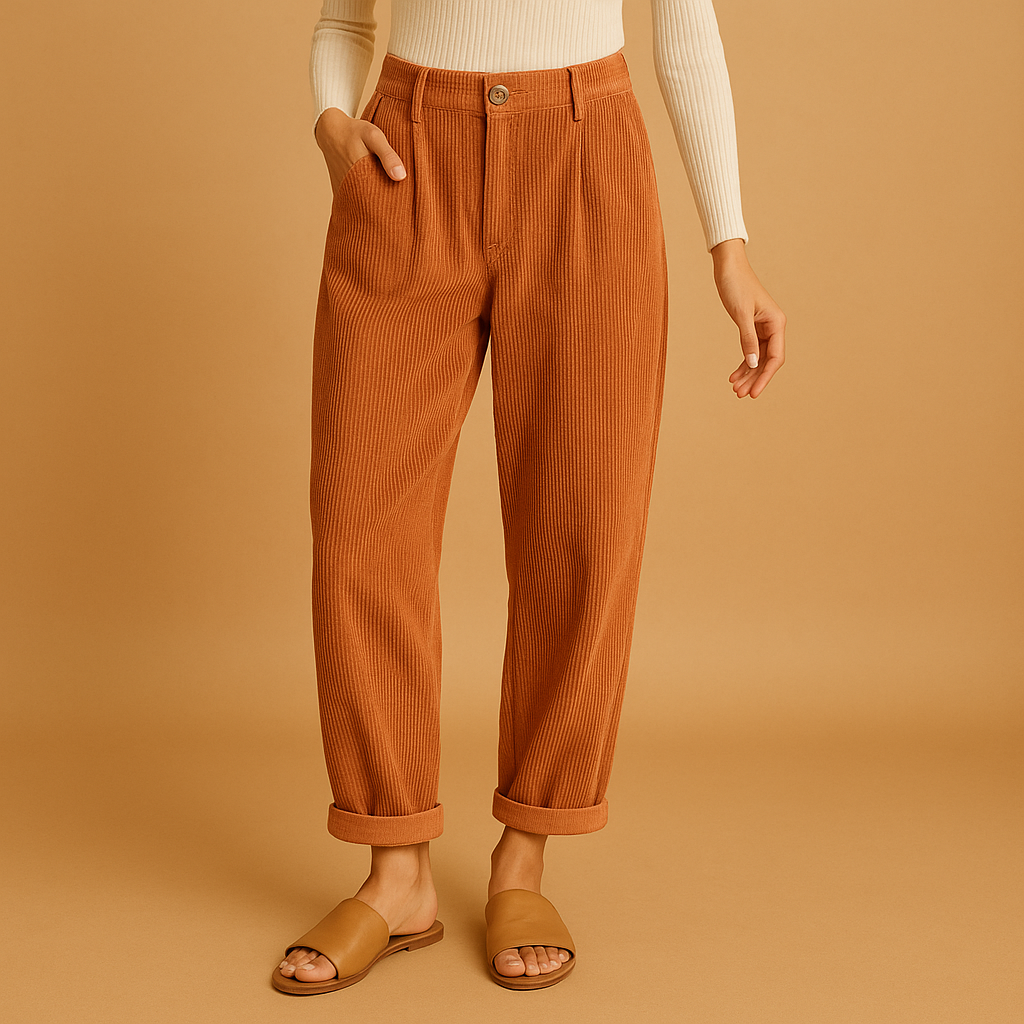 Women’s corduroy high waisted pants with straight legs in black, orange, army green, dark blue, khaki, and dark gray, perfect for autumn and casual chic looks.