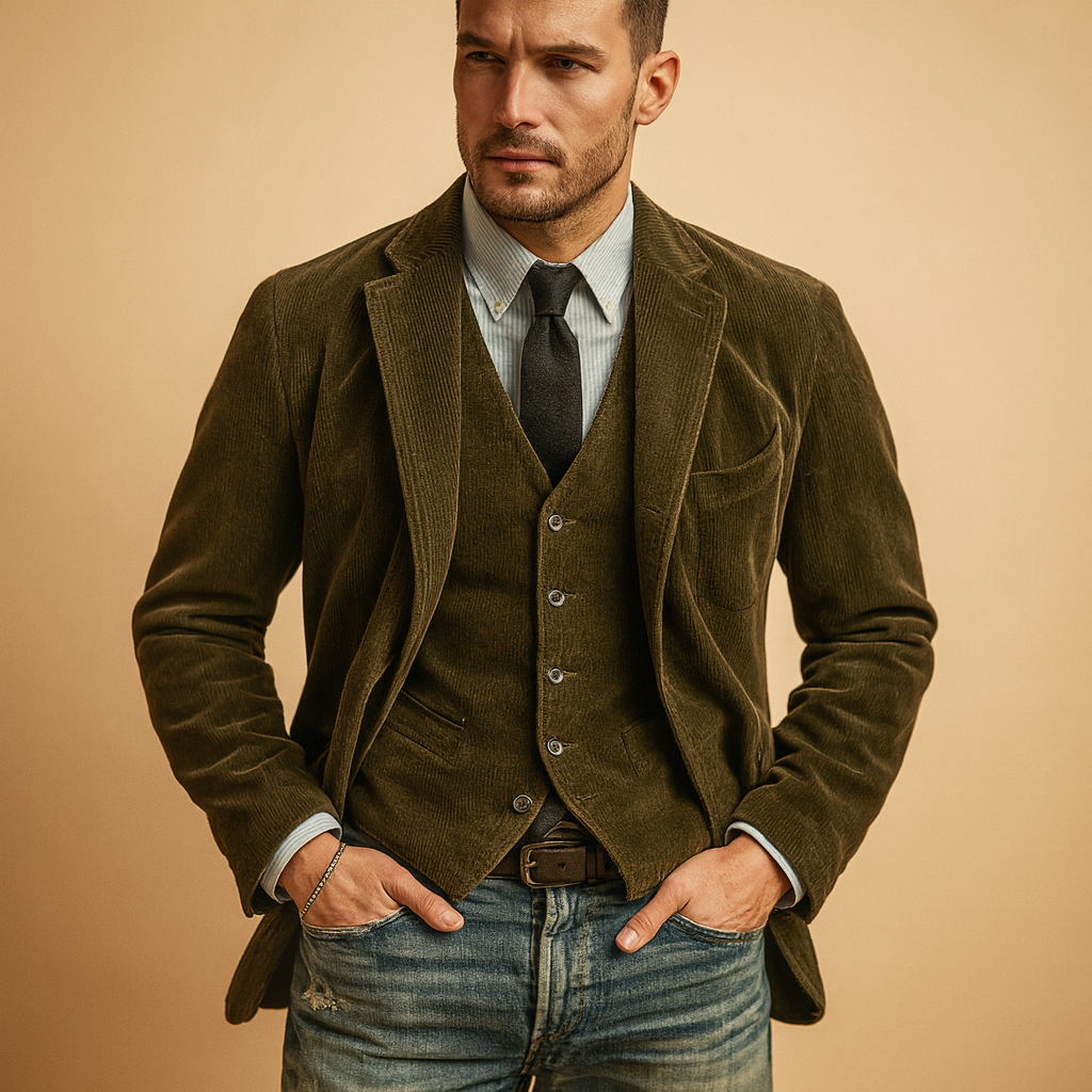 Men’s corduroy jacket with retro design and soft fabric, perfect for casual and formal outfits in autumn and winter.