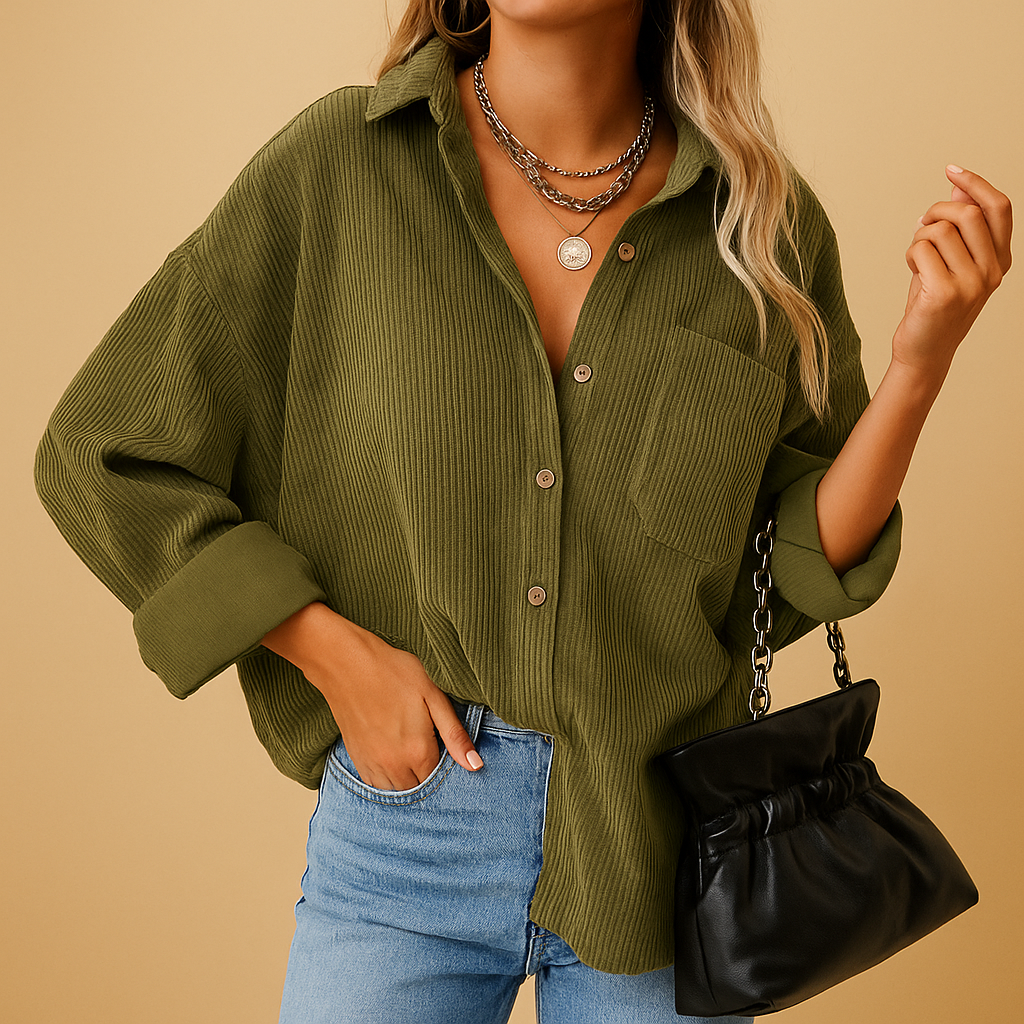 Women’s corduroy jacket with ribbed knit accents and a relaxed fit, ideal for year-round layering and stylish seasonal outfits.