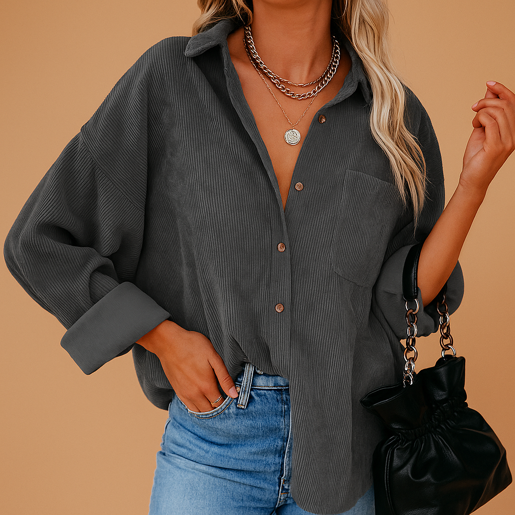 Women’s corduroy jacket with ribbed knit accents and a relaxed fit, ideal for year-round layering and stylish seasonal outfits.