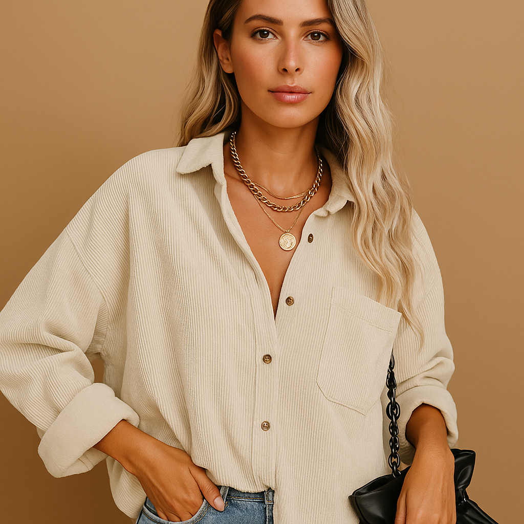 Women’s corduroy jacket with ribbed knit accents and a relaxed fit, ideal for year-round layering and stylish seasonal outfits.