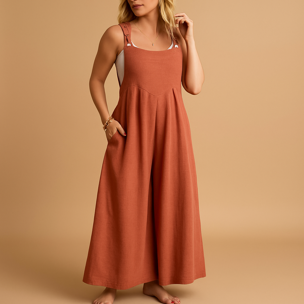 Lightweight women’s cotton overall jumpsuit with adjustable straps and loose fit, perfect for summer outings, casual days, and relaxed moments at home.