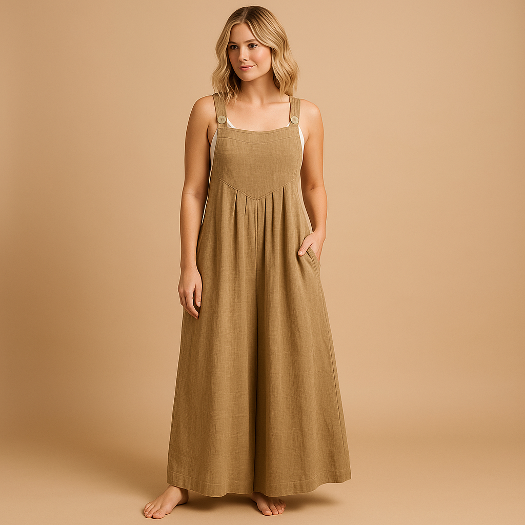 Lightweight women’s cotton overall jumpsuit with adjustable straps and loose fit, perfect for summer outings, casual days, and relaxed moments at home.