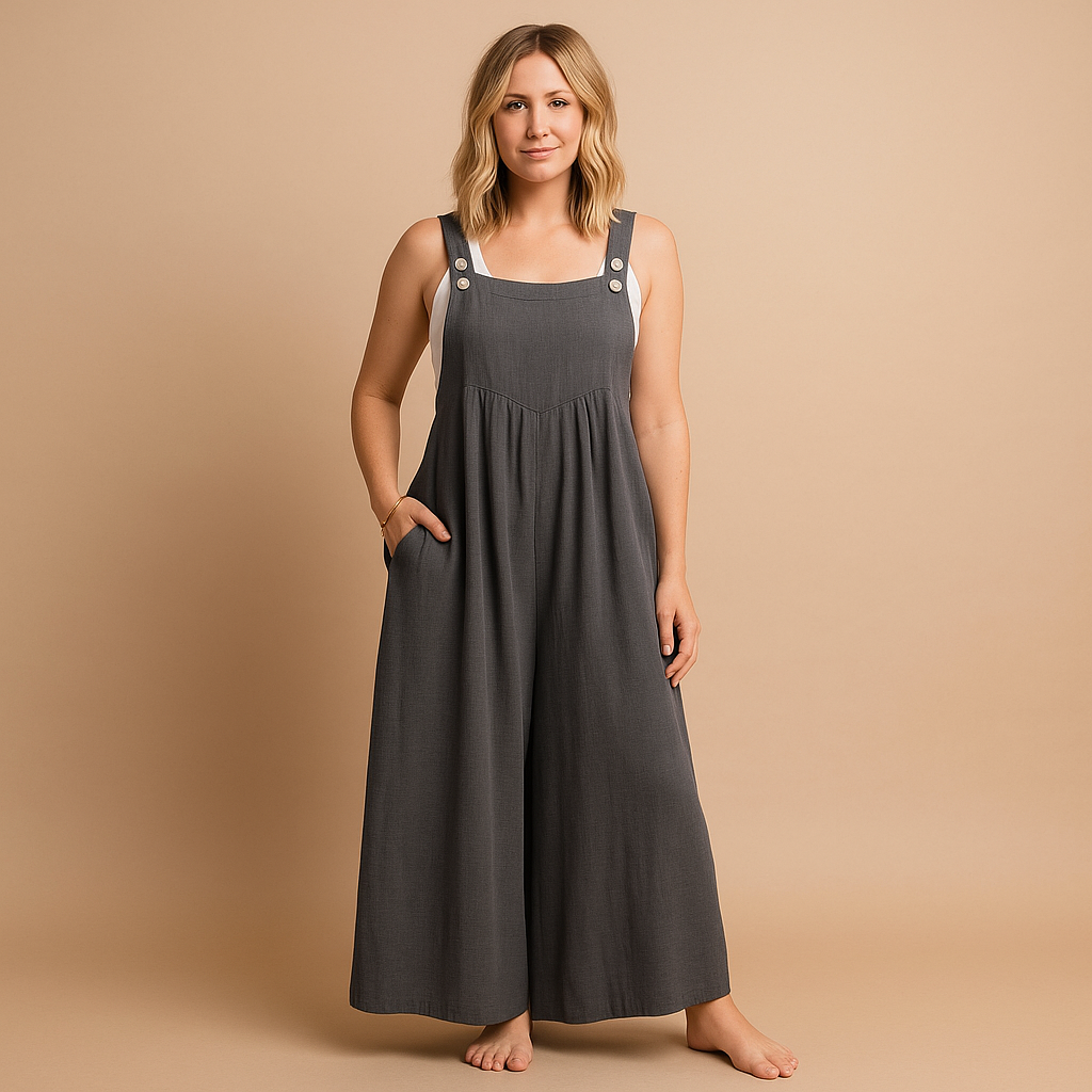Lightweight women’s cotton overall jumpsuit with adjustable straps and loose fit, perfect for summer outings, casual days, and relaxed moments at home.