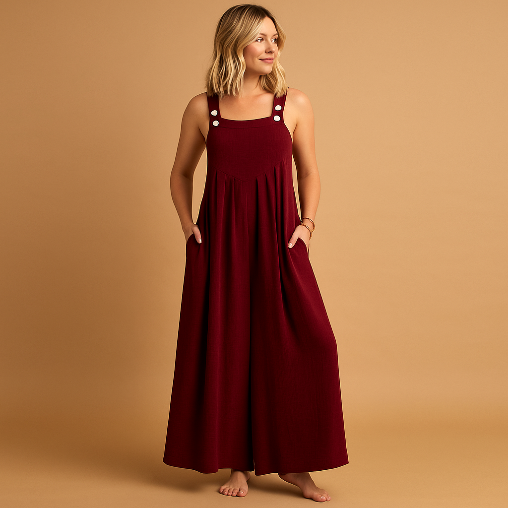 Lightweight women’s cotton overall jumpsuit with adjustable straps and loose fit, perfect for summer outings, casual days, and relaxed moments at home.