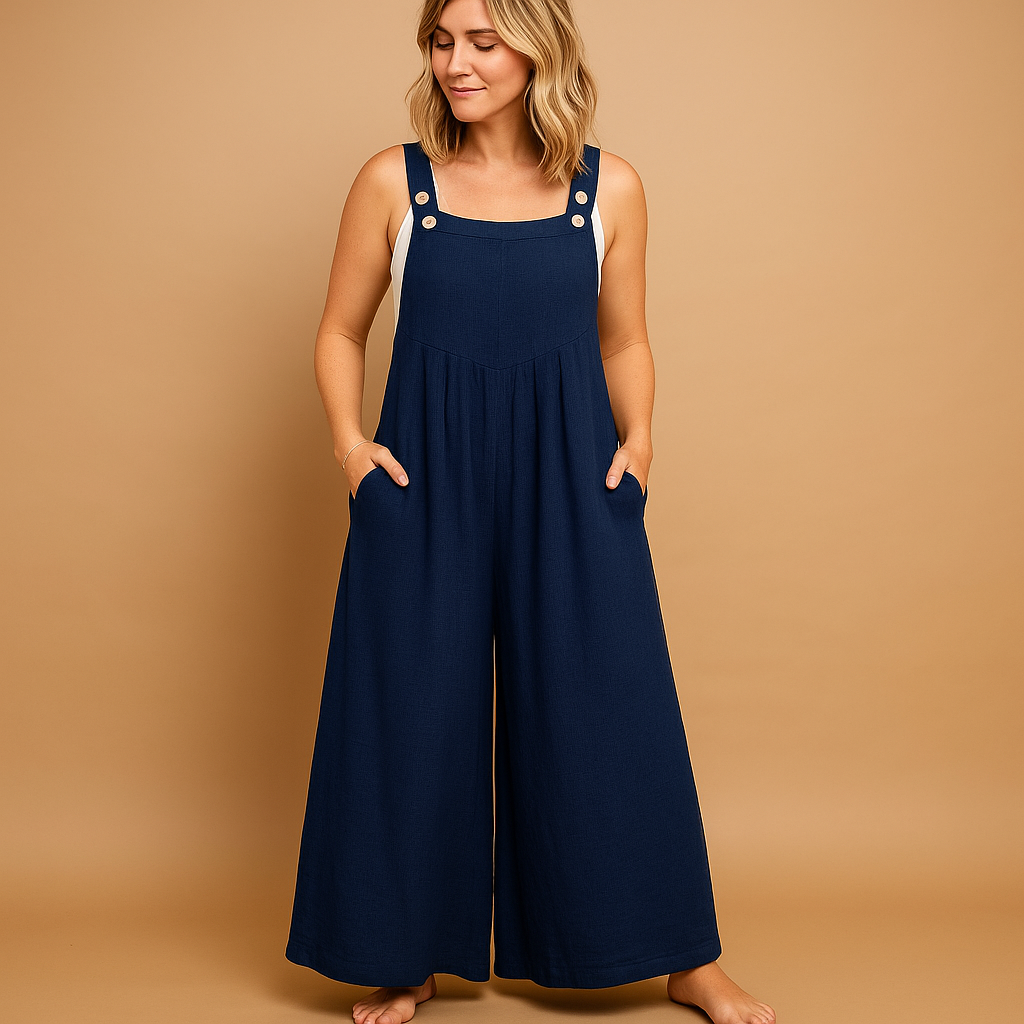 Lightweight women’s cotton overall jumpsuit with adjustable straps and loose fit, perfect for summer outings, casual days, and relaxed moments at home.