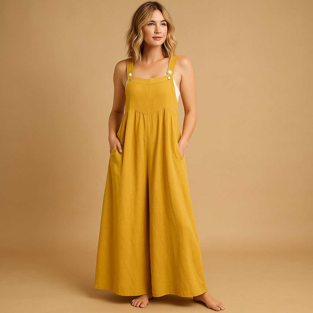 Lightweight women’s cotton overall jumpsuit with adjustable straps and loose fit, perfect for summer outings, casual days, and relaxed moments at home.