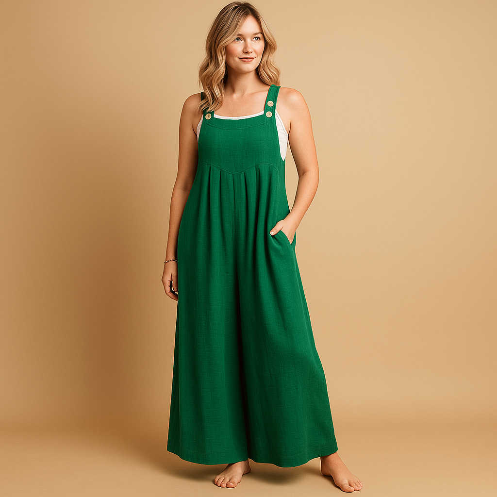 Lightweight women’s cotton overall jumpsuit with adjustable straps and loose fit, perfect for summer outings, casual days, and relaxed moments at home.