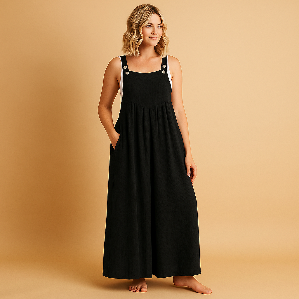 Lightweight women’s cotton overall jumpsuit with adjustable straps and loose fit, perfect for summer outings, casual days, and relaxed moments at home.