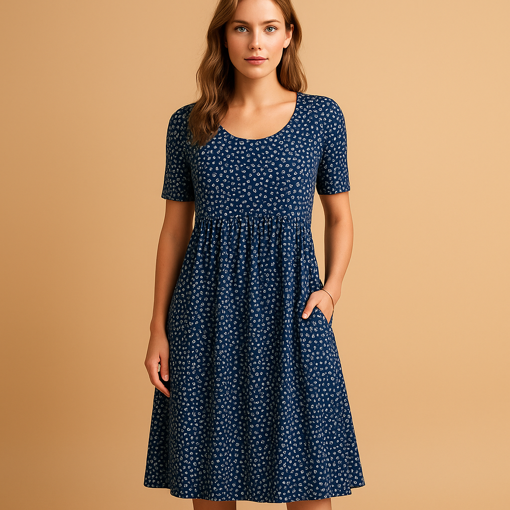 Women’s cotton printed midi dress with flattering fit and playful summer prints, perfect for holidays, city days, and casual outings.