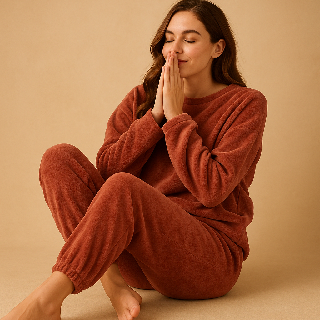 Cozy pajama set for women with long-sleeve top and matching pants, perfect for sleeping, lounging, or relaxing at home.