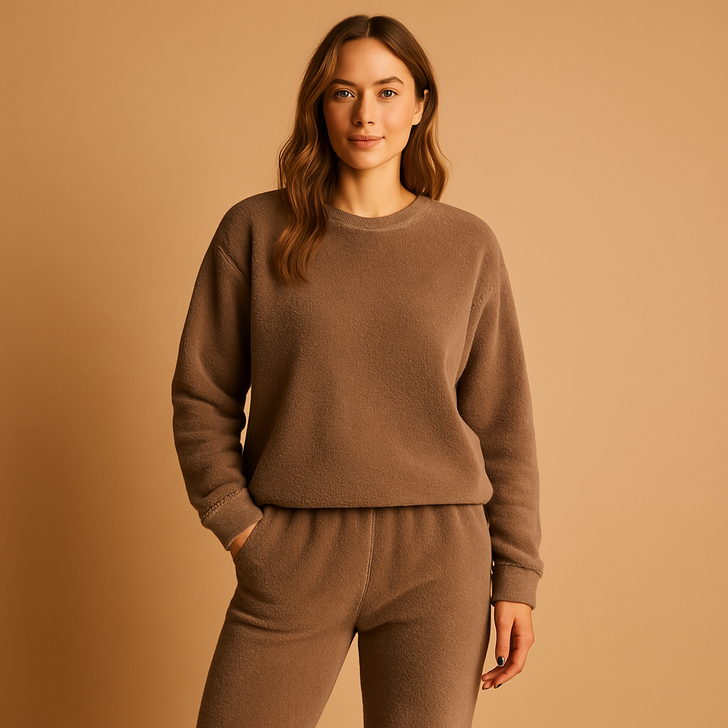 Cozy pajama set for women with long-sleeve top and matching pants, perfect for sleeping, lounging, or relaxing at home.