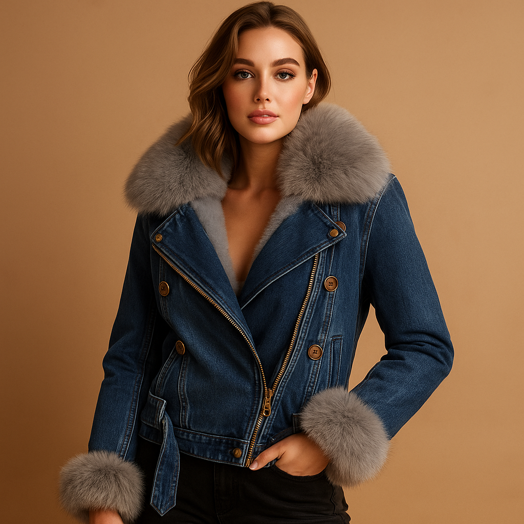 Women’s cropped denim winter jacket with faux fur lining, classic blue color, perfect for cold weather and daily wear.