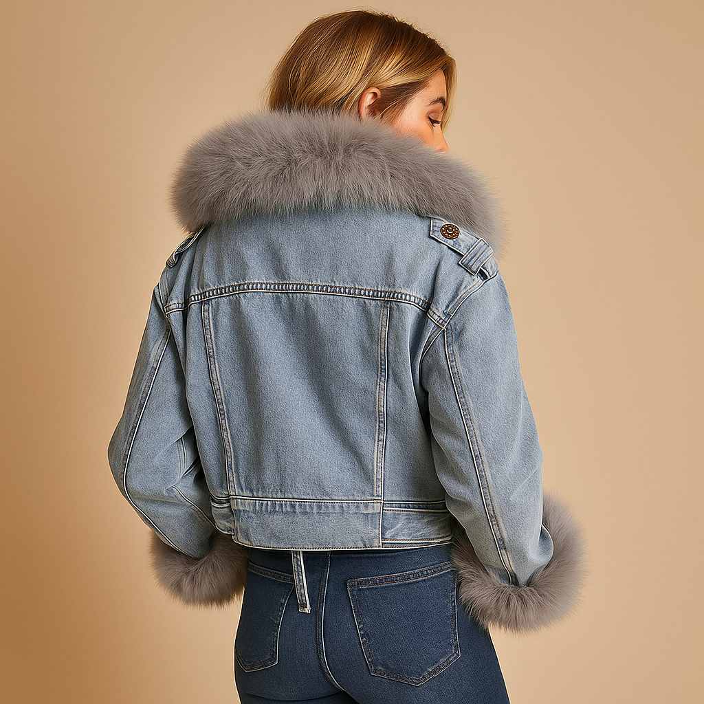 Women’s cropped denim winter jacket with faux fur lining, classic blue color, perfect for cold weather and daily wear.