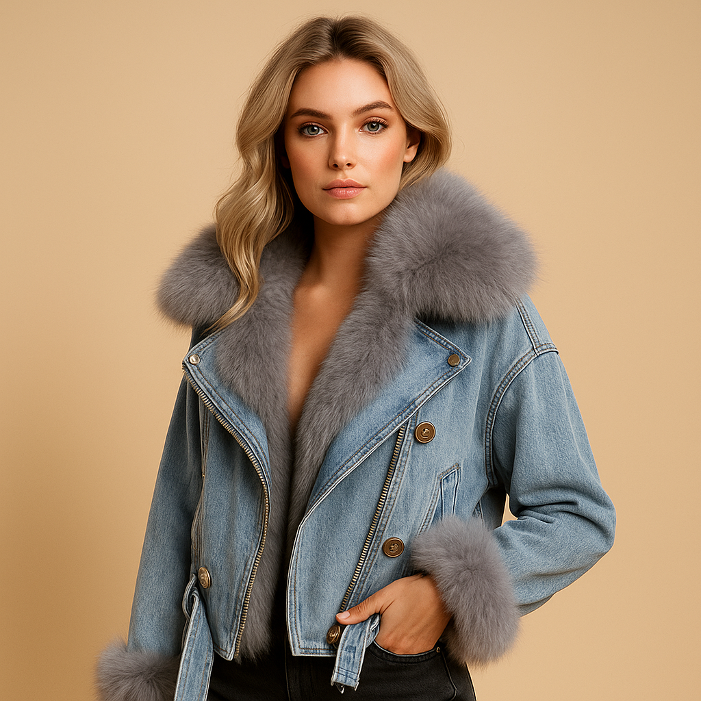 Women’s cropped denim winter jacket with faux fur lining, classic blue color, perfect for cold weather and daily wear.
