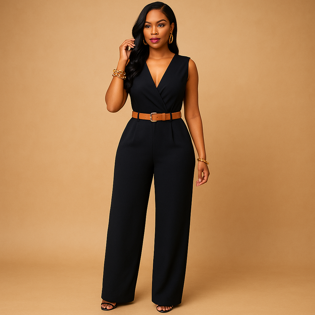 Deep V-neck elegant jumpsuit for women with a high waist and flowy silhouette, perfect for parties, evenings out, and special occasions.