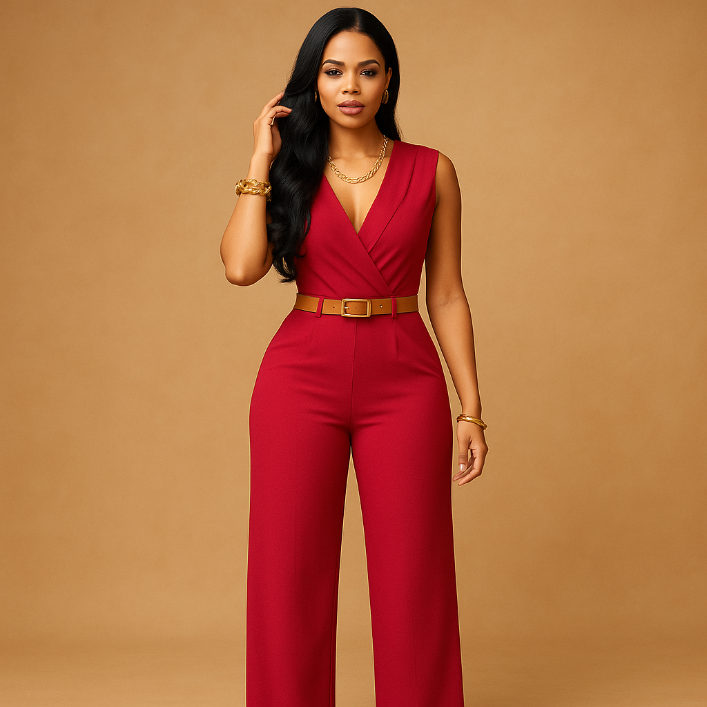 Deep V-neck elegant jumpsuit for women with a high waist and flowy silhouette, perfect for parties, evenings out, and special occasions.