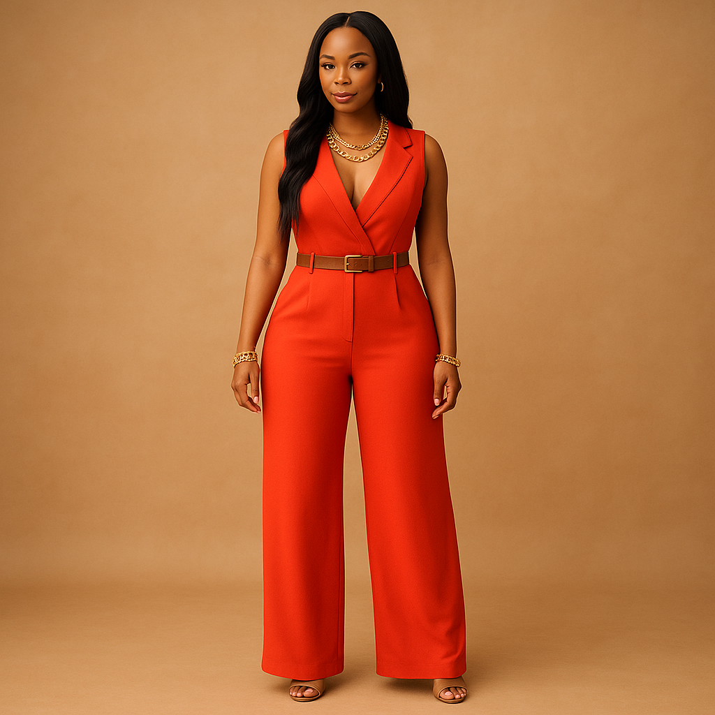 Deep V-neck elegant jumpsuit for women with a high waist and flowy silhouette, perfect for parties, evenings out, and special occasions.