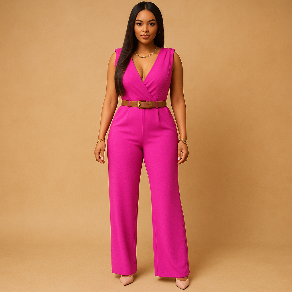Deep V-neck elegant jumpsuit for women with a high waist and flowy silhouette, perfect for parties, evenings out, and special occasions.