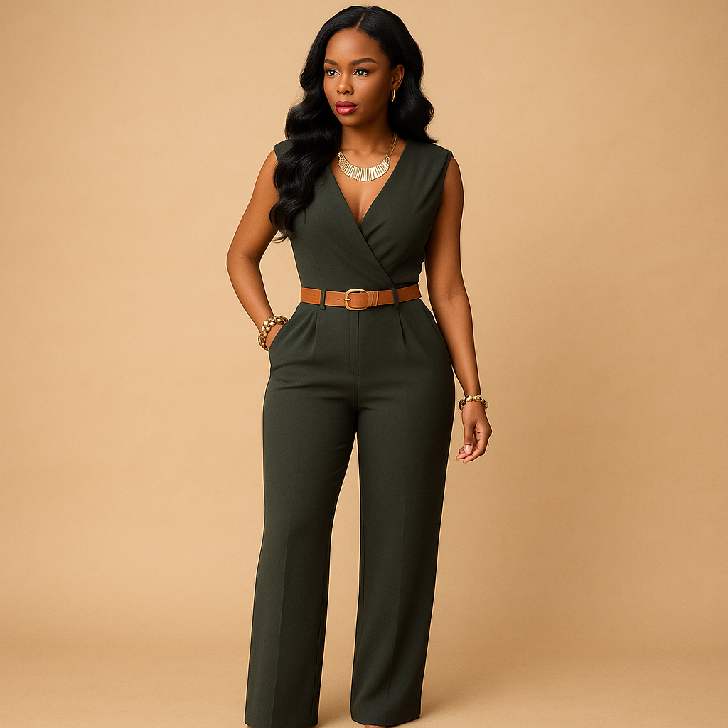 Deep V-neck elegant jumpsuit for women with a high waist and flowy silhouette, perfect for parties, evenings out, and special occasions.