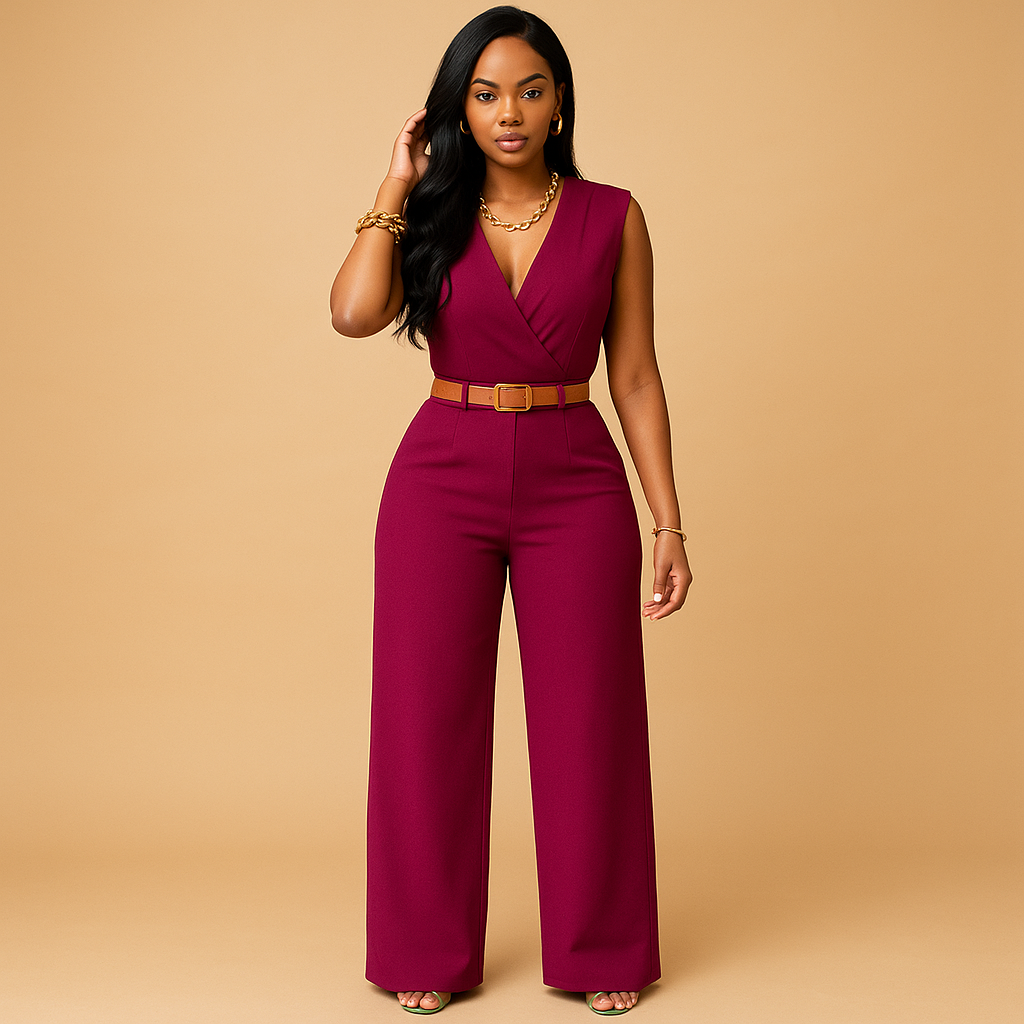 Deep V-neck elegant jumpsuit for women with a high waist and flowy silhouette, perfect for parties, evenings out, and special occasions.
