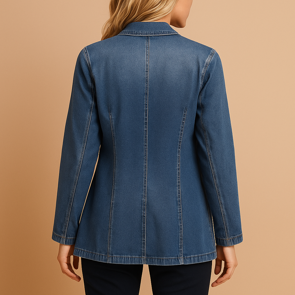 Denim blazer for women with a tailored and flattering silhouette, ideal for work, casual wear, and stylish gatherings.