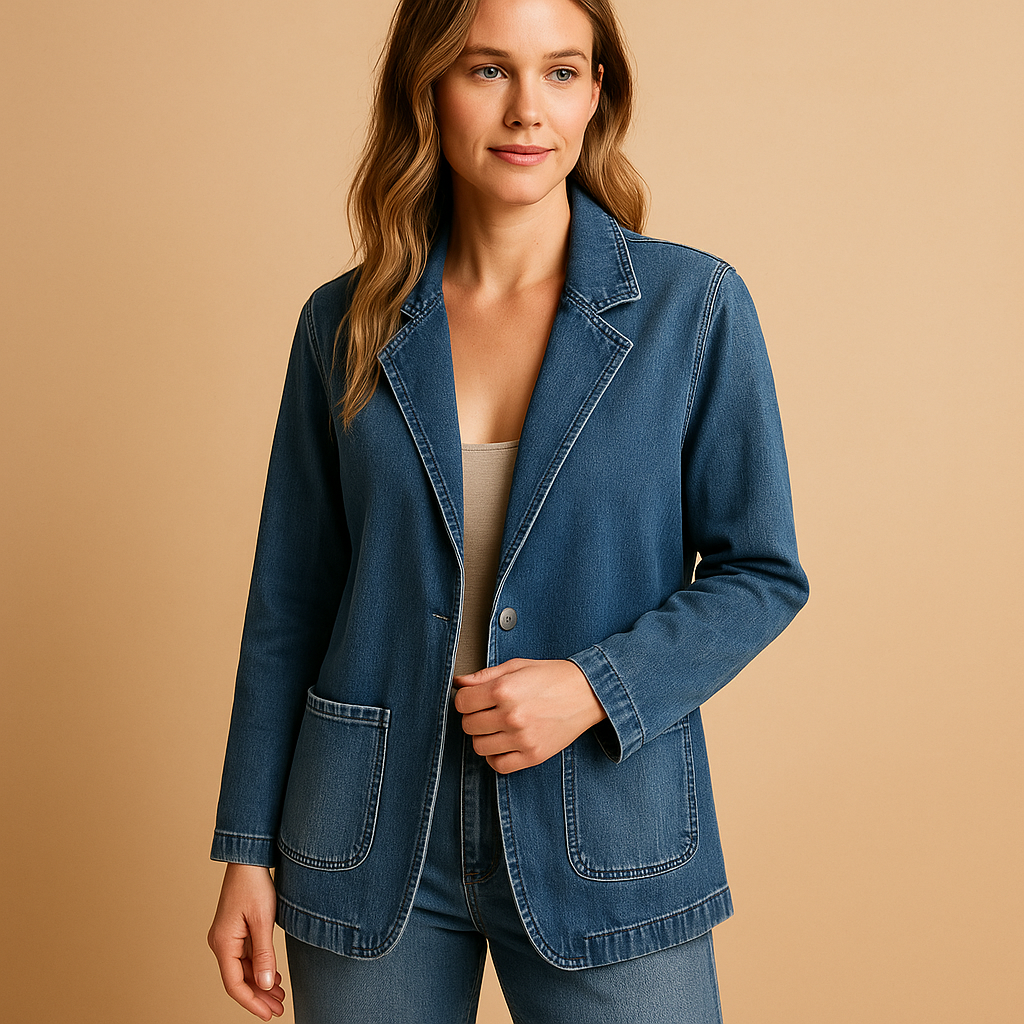 Denim blazer for women with a tailored and flattering silhouette, ideal for work, casual wear, and stylish gatherings.