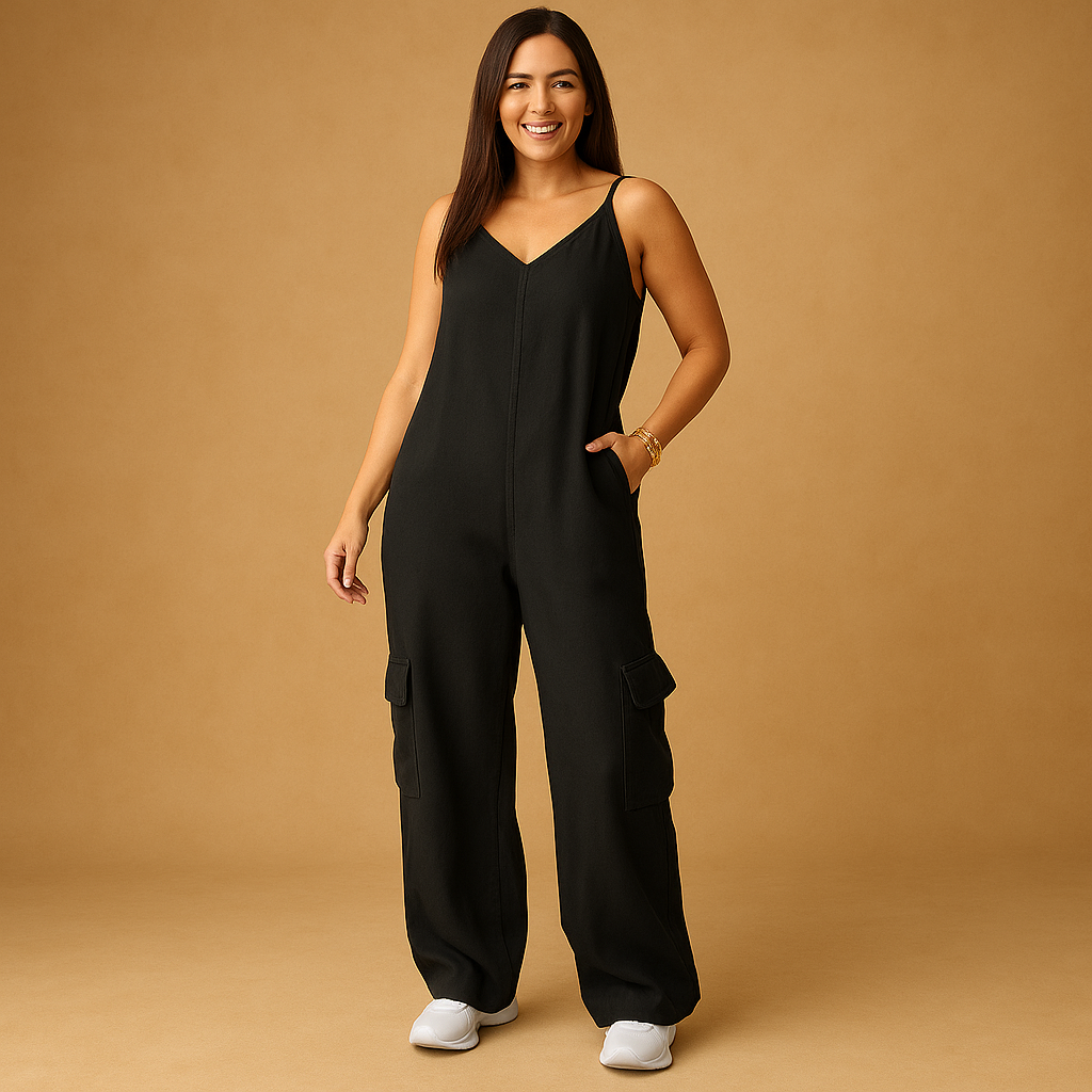 Stylish women’s denim jumpsuit with V-neckline and open back, made from 100% cotton, perfect for summer, festivals, and casual days out.