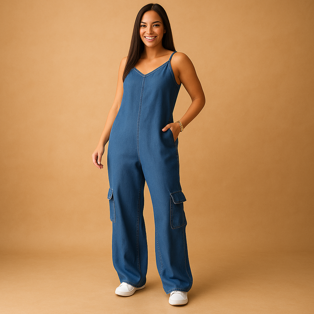 Stylish women’s denim jumpsuit with V-neckline and open back, made from 100% cotton, perfect for summer, festivals, and casual days out.