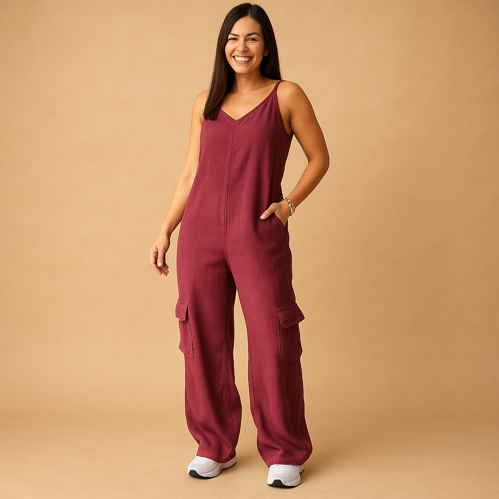 Stylish women’s denim jumpsuit with V-neckline and open back, made from 100% cotton, perfect for summer, festivals, and casual days out.