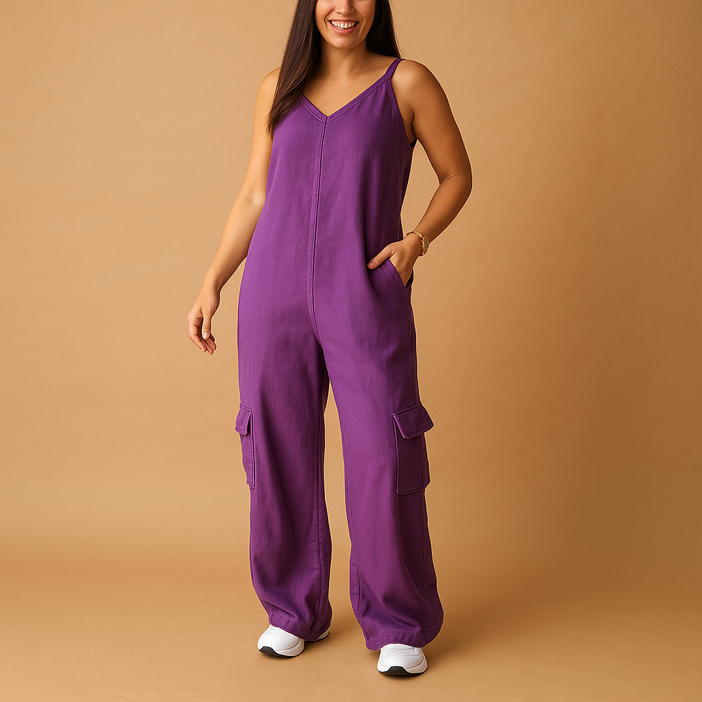 Stylish women’s denim jumpsuit with V-neckline and open back, made from 100% cotton, perfect for summer, festivals, and casual days out.