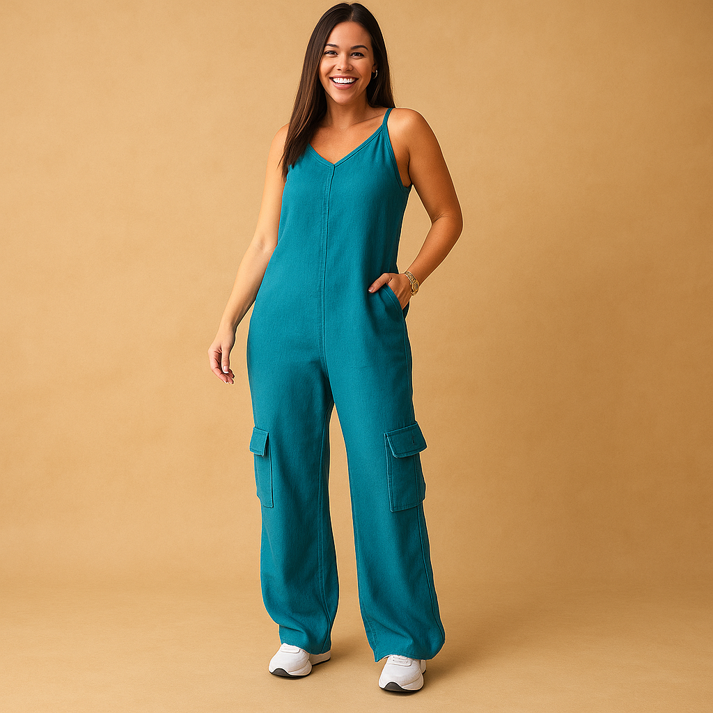 Stylish women’s denim jumpsuit with V-neckline and open back, made from 100% cotton, perfect for summer, festivals, and casual days out.