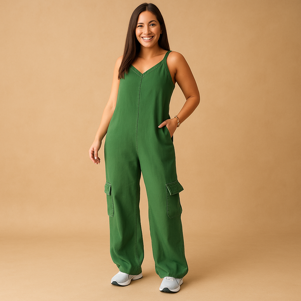Stylish women’s denim jumpsuit with V-neckline and open back, made from 100% cotton, perfect for summer, festivals, and casual days out.