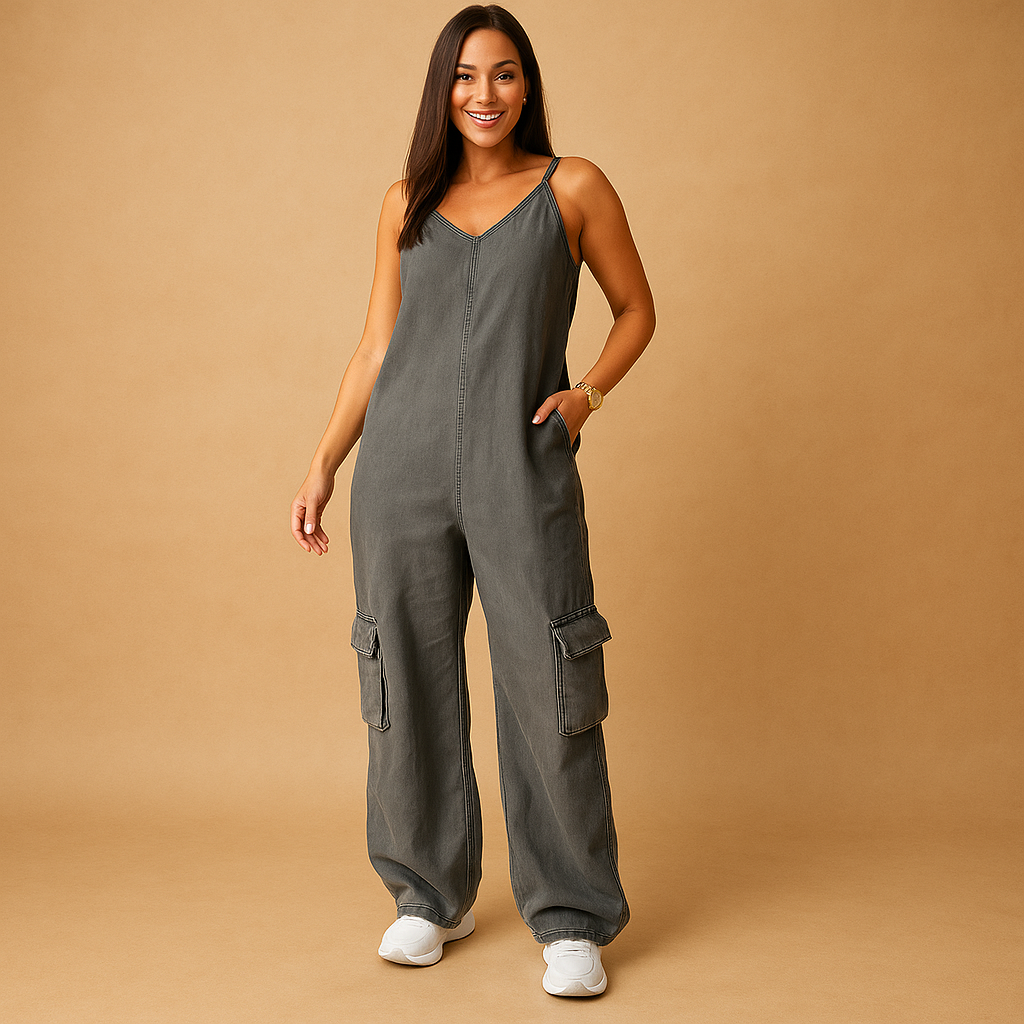 Stylish women’s denim jumpsuit with V-neckline and open back, made from 100% cotton, perfect for summer, festivals, and casual days out.